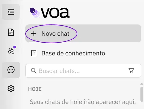 Tela inicial do chat da Voa com o botão 'Novo chat', primeiro passo para integrar o Charcot ao Google Agenda.
