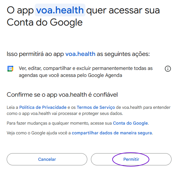 Tela de permissão do Google, solicitando autorização para o app voa.health acessar a agenda médica do profissional.