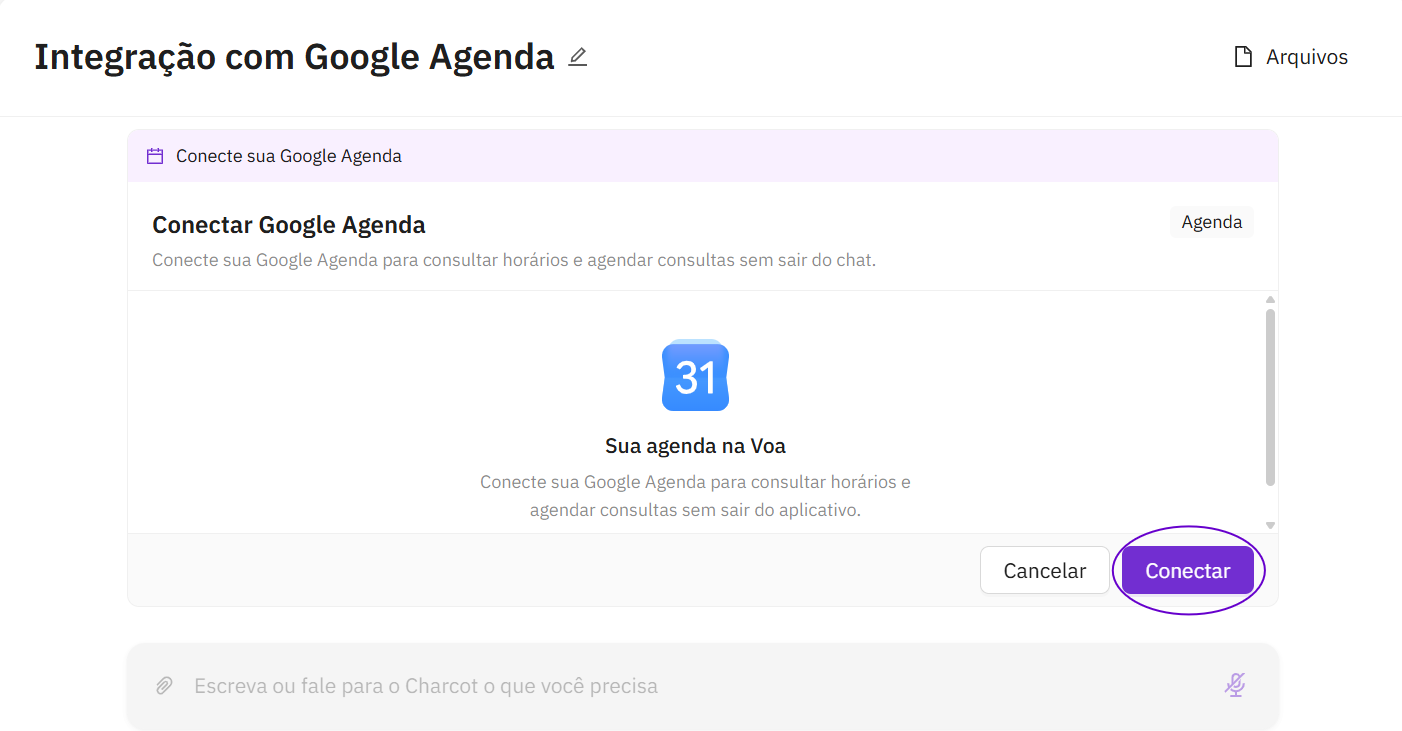 Painel de integração com Google Agenda no Charcot, com o botão 'Conectar' para vincular a agenda do médico.